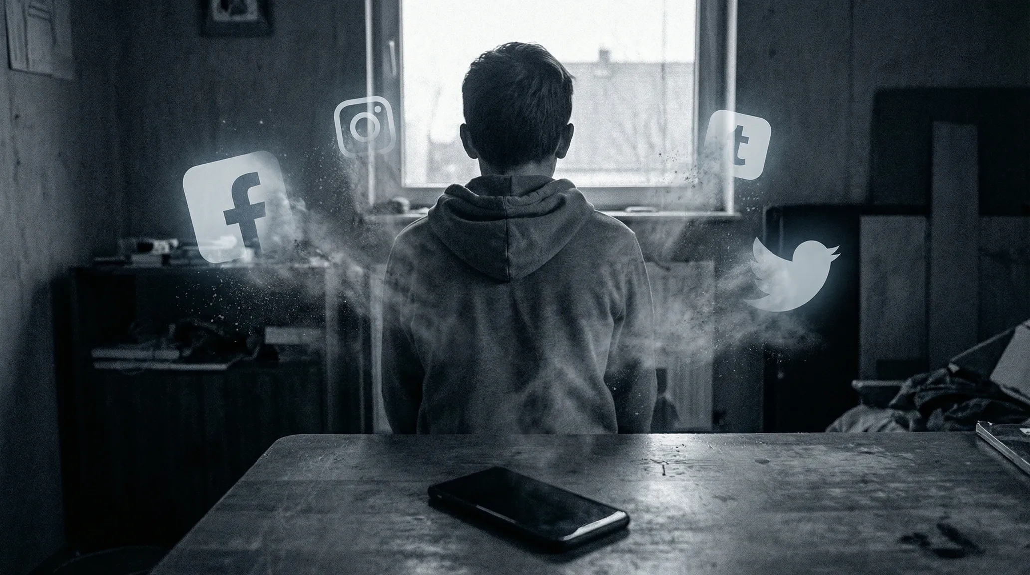 Image of a child with social media logos floating around them